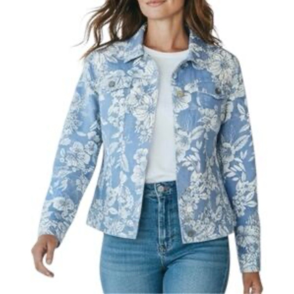 100% Linen Floral Long Sleeve Utility Jacket Womens Romantic Light M Blue Pocket